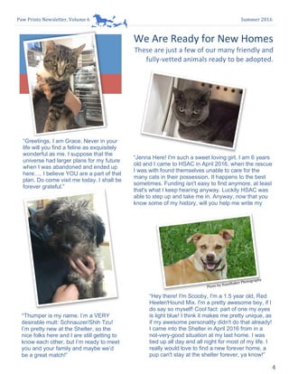 Paw	Prints	Newsletter,	Volume	6	 Summer	2016	
4	
	
	
We	Are	Ready	for	New	Homes		
These	are	just	a	few	of	our	many	friendly	and	
fully-vetted	animals	ready	to	be	adopted.	
	
“Thumper is my name. I’m a VERY
desirable mutt: Schnauzer/Shih Tzu!
I’m pretty new at the Shelter, so the
nice folks here and I are still getting to
know each other, but I’m ready to meet
you and your family and maybe we’d
be a great match!” 	
“Jenna Here! I'm such a sweet loving girl. I am 6 years
old and I came to HSAC in April 2016, when the rescue
I was with found themselves unable to care for the
many cats in their possession. It happens to the best
sometimes. Funding isn't easy to find anymore, at least
that's what I keep hearing anyway. Luckily HSAC was
able to step up and take me in. Anyway, now that you
know some of my history, will you help me write my
“Greetings, I am Grace. Never in your
life will you find a feline as exquisitely
wonderful as me. I suppose that the
universe had larger plans for my future
when I was abandoned and ended up
here…. I believe YOU are a part of that
plan. Do come visit me today. I shall be
forever grateful.”
“Hey there! I'm Scooby, I'm a 1.5 year old, Red
Heeler/Hound Mix. I'm a pretty awesome boy, if I
do say so myself! Cool fact: part of one my eyes
is light blue! I think it makes me pretty unique, as
if my awesome personality didn't do that already!
I came into the Shelter in April 2016 from in a
not-very-good situation at my last home. I was
tied up all day and all night for most of my life. I
really would love to find a new forever home, a
pup can't stay at the shelter forever, ya know!”	
Photo	by	Hazelbaker	Photography	
 