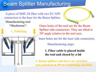 Beam Splitter Manufacturing
A piece of SMF-28 fiber with two FC/APC
connectors is the base for the Beam Splitter.
Manufacturing tool
“Mushroom”: Outer holes of the tool are for the Beam
Splitter side connectors. They are tilted at
29o angle relative to the tool axis.
Inner holes are for the laser side connectors.
2. Beam splitter end-faces are grinded
and polished at 29o at a polishing machine
1. Polishing
1. Fiber cable is placed inside
the tool and closed by a lid
Manufacturing steps:
 