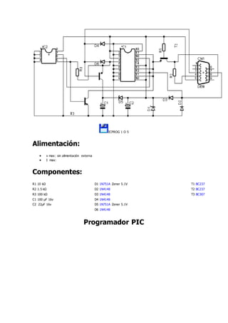 ICPROG 1 O 5
Alimentación:
 v max: sin alimentación externa
 I max:
Componentes:
R1 10 kΩ D1 1N751A Zener 5.1V T1 BC237
R2 1.5 kΩ D2 1N4148 T2 BC237
R3 100 kΩ D3 1N4148 T3 BC307
C1 100 µF 16v D4 1N4148
C2 22µF 16v D5 1N751A Zener 5.1V
D6 1N4148
Programador PIC
 