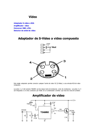 Vídeo
Adaptador S-video a RCA
Amplificador vídeo
Conversor RGB a PAL
Detector de señal de vídeo
Adaptador de S-Video a video compuesto
Este simple adaptador permite conectar cualquier fuente de video Y/C (S-Video) a una entrada RCA de video
compuesto.
Los pines 1 y 2 del conector MiniDIN son las masas tanto de luminancia como de crominancia. Los pines 3 y 4
son integrados a un único conductor por medio de un condensador cerámico que hace las veces de sumador.
Amplificador de video
 