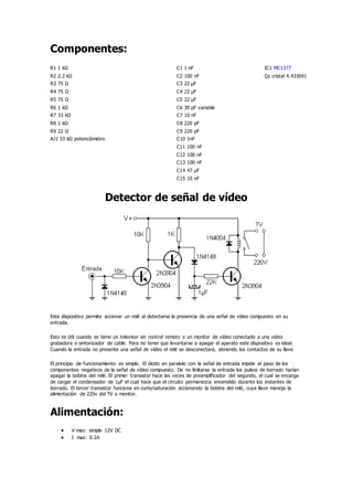 Componentes:
R1 1 kΩ C1 1 nF IC1 MC1377
R2 2.2 kΩ C2 100 nF Qz cristal 4.433691
R3 75 Ω C3 22 µF
R4 75 Ω C4 22 µF
R5 75 Ω C5 22 µF
R6 1 kΩ C6 30 pF variable
R7 33 kΩ C7 10 nF
R8 1 kΩ C8 220 pF
R9 22 Ω C9 220 pF
AJ1 33 kΩ potenciómetro C10 1nF
C11 100 nF
C12 100 nF
C13 100 nF
C14 47 µF
C15 10 nF
Detector de señal de vídeo
Este dispositivo permite accionar un relé al detectarse la presencia de una señal de vídeo compuesto en su
entrada.
Esto es útil cuando se tiene un televisor sin control remoto o un monitor de vídeo conectado a una video
grabadora o sintonizador de cable. Para no tener que levantarse a apagar el aparato este dispositivo es ideal.
Cuando la entrada no presente una señal de vídeo el relé se desconectará, abriendo los contactos de su llave
El principio de funcionamiento es simple. El diodo en paralelo con la señal de entrada impide el paso de los
componentes negativos de la señal de vídeo compuesto. De no limitarse la entrada los pulsos de borrado harían
apagar la bobina del relé. El primer transistor hace las veces de preamplificador del segundo, el cual se encarga
de cargar el condensador de 1µF el cual hace que el circuito permanezca encendido durante los instantes de
borrado. El tercer transistor funciona en corte/saturación accionando la bobina del relé, cuya llave maneja la
alimentación de 220v del TV o monitor.
Alimentación:
 V max: simple 12V DC
 I max: 0.2A
 