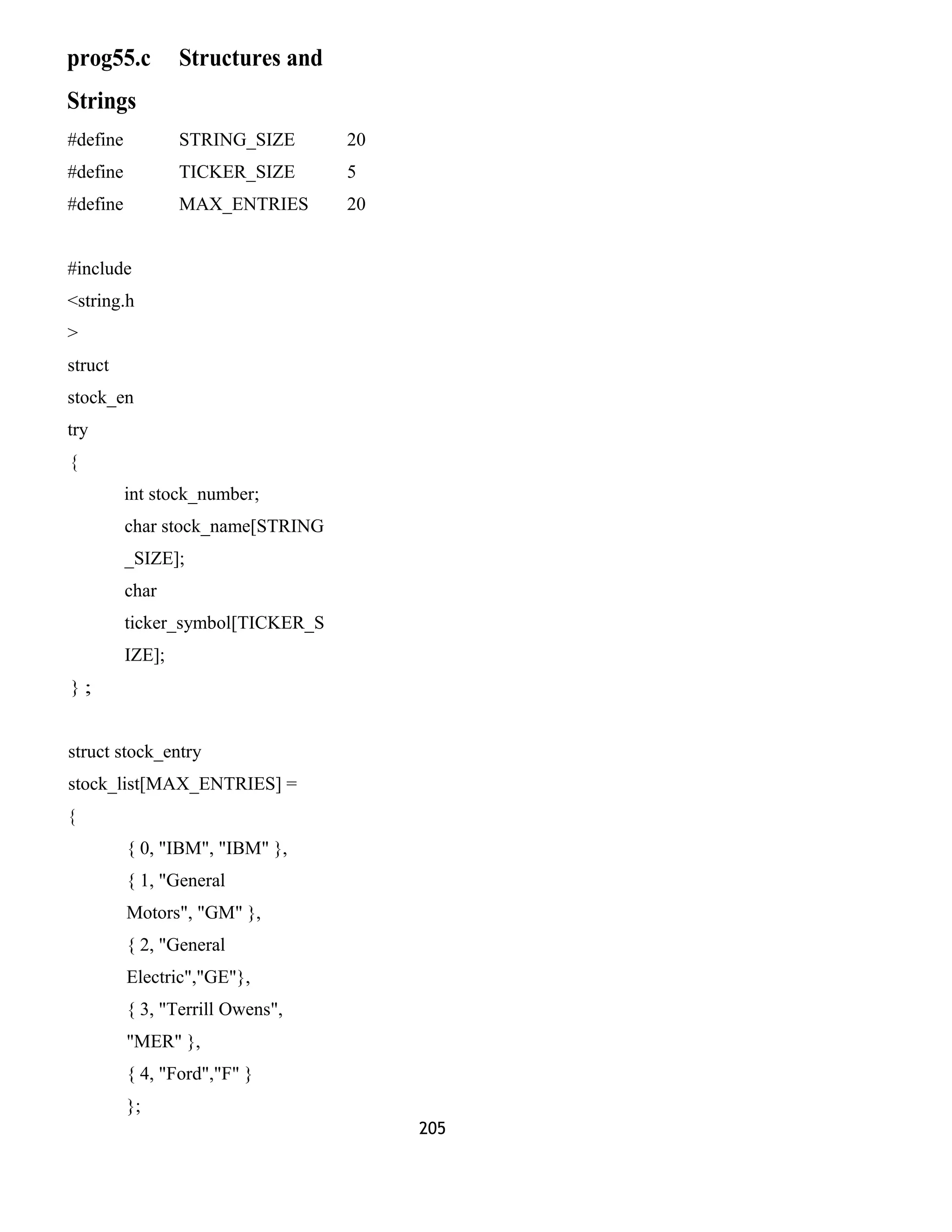 prog55.c Structures and
Strings
#define STRING_SIZE 20
#define TICKER_SIZE 5
#define MAX_ENTRIES 20
#include
<string.h
>
struct
stock_en
try
{
int stock_number;
char stock_name[STRING
_SIZE];
char
ticker_symbol[TICKER_S
IZE];
} ;
struct stock_entry
stock_list[MAX_ENTRIES] =
{
{ 0, "IBM", "IBM" },
{ 1, "General
Motors", "GM" },
{ 2, "General
Electric","GE"},
{ 3, "Terrill Owens",
"MER" },
{ 4, "Ford","F" }
};
205
 