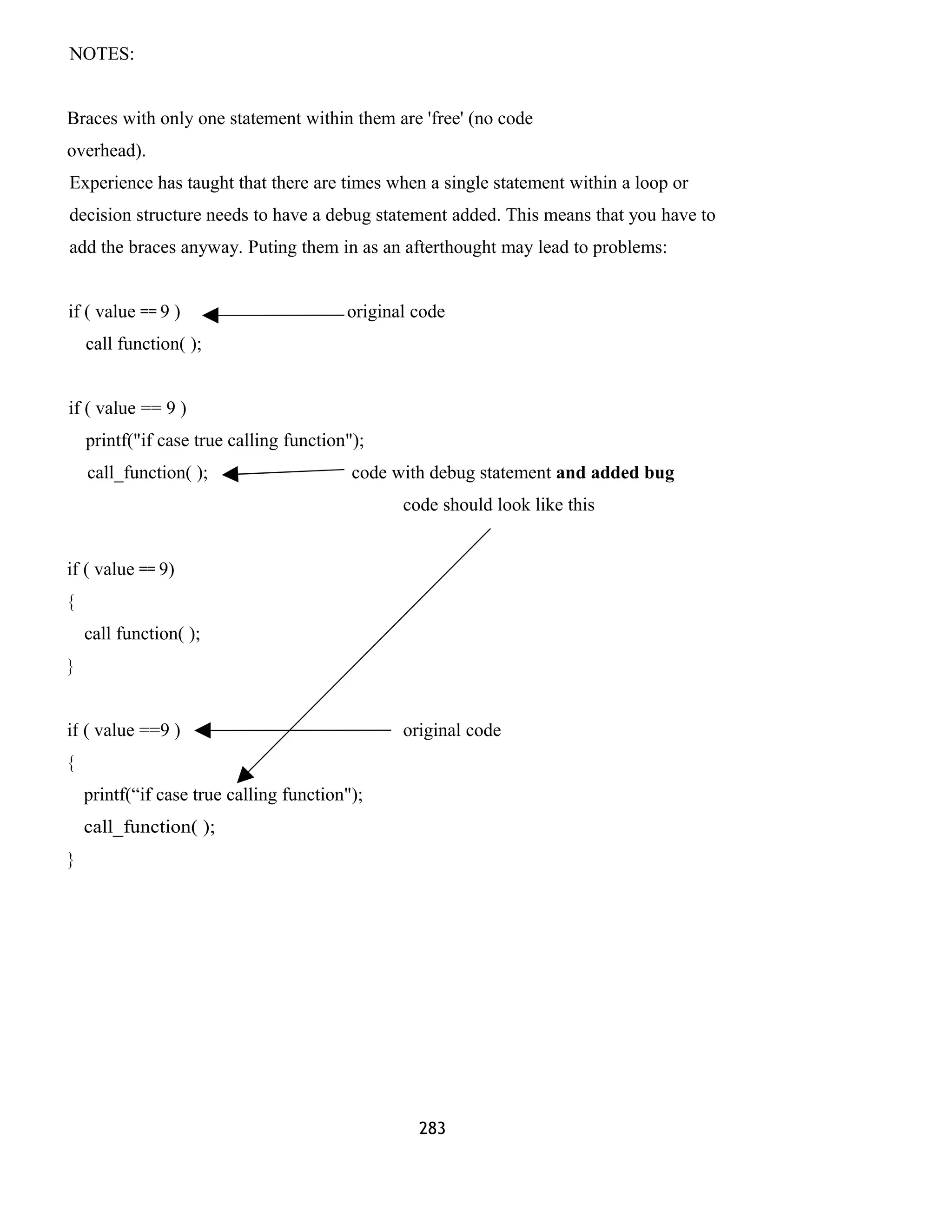 NOTES:
Braces with only one statement within them are 'free' (no code
overhead).
Experience has taught that there are times when a single statement within a loop or
decision structure needs to have a debug statement added. This means that you have to
add the braces anyway. Puting them in as an afterthought may lead to problems:
if ( value == 9 ) original code
call function( );
if ( value == 9 )
printf("if case true calling function");
call_function( ); code with debug statement and added bug
code should look like this
if ( value == 9)
{
call function( );
}
if ( value ==9 ) original code
{
printf(“if case true calling function");
call_function( );
}
283
 