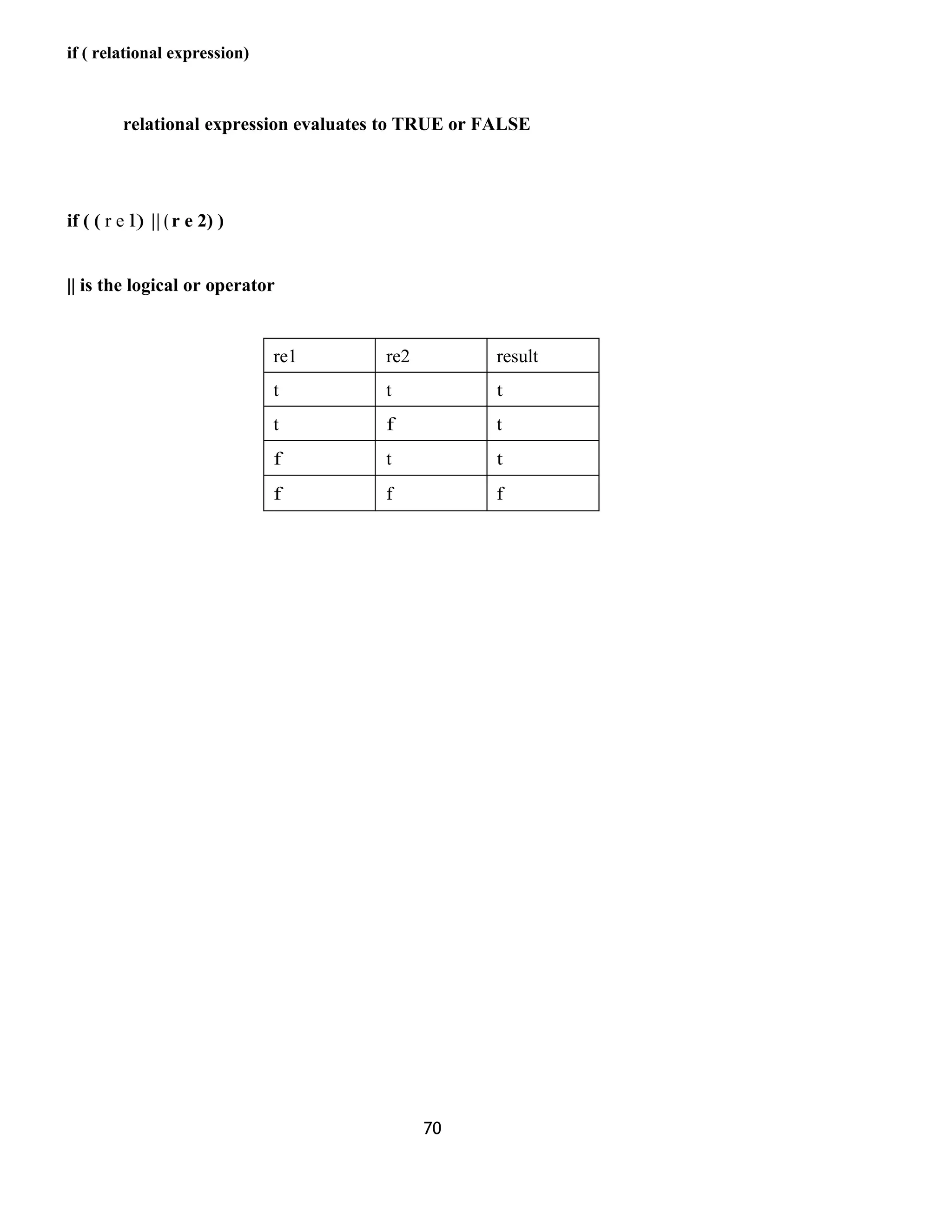 if ( relational expression)
relational expression evaluates to TRUE or FALSE
if ( ( r e l) || ( r e 2) )
|| is the logical or operator
re1 re2 result
t t t
t f t
f t t
f f f
70
 