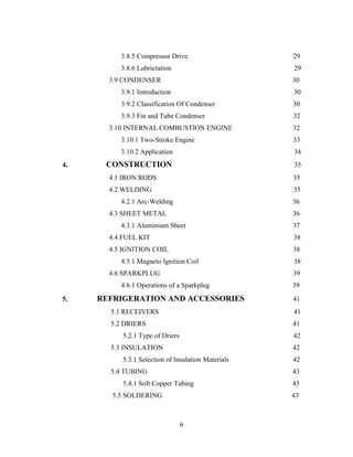 3.8.5 Compressor Drive 29
3.8.6 Lubricration 29
3.9 CONDENSER 30
3.9.1 Introduction 30
3.9.2 Classification Of Condenser 30
3.9.3 Fin and Tube Condenser 32
3.10 INTERNAL COMBUSTION ENGINE 32
3.10.1 Two-Stroke Engine 33
3.10.2 Application 34
4. CONSTRUCTION 35
4.1 IRON RODS 35
4.2 WELDING 35
4.2.1 Arc-Welding 36
4.3 SHEET METAL 36
4.3.1 Aluminium Sheet 37
4.4 FUEL KIT 38
4.5 IGNITION COIL 38
4.5.1 Magneto Ignition Coil 38
4.6 SPARKPLUG 39
4.6.1 Operations of a Sparkplug 39
5. REFRIGERATION AND ACCESSORIES 41
5.1 RECEIVERS 41
5.2 DRIERS 41
5.2.1 Type of Driers 42
5.3 INSULATION 42
5.3.1 Selection of Insulation Materials 42
5.4 TUBING 43
5.4.1 Soft Copper Tubing 43
5.5 SOLDERING 43
6
 