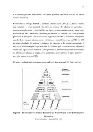 21
e a comunicação entre funcionários, tais como: planilhas eletrônicas, editores de texto e
correios eletrônicos.
Continuando na tipologia Kenneth C. Laudon e Jane P. Laudon (2004, p.41), há dois sistemas
que suportam o nível gerencial, são eles: os sistemas de informações gerenciais –
management information systems (MIS) – que fornecem resumos das transações operacionais
realizadas nos TPS, permitindo a monitoração gerencial do processo, tais como relatórios
periódicos de produção e vendas; os decision support systems (DSS) ou sistemas de suporte à
decisão. Estes são, por natureza, menos estruturados e mais flexíveis que os MIS. Os DSS
permitem simulação de cenários e mudanças de premissas e do formato apresentado. O
suporte ao nível estratégico exige bem mais flexibilidade, pois estes sistemas de informação
devem ter a capacidade de promover a interação entre as informações recebidas do mercado e
as informações internas da empresa. São conhecidos como sistemas de apoio executivo –
executive support systems (ESS).
Os autores ainda dividem os sistemas apresentados por área funcional. Ver figura a seguir:
Figura 1 – Distribuição dos sistemas de informação de acordo com os níveis hierárquicos
da empresa
Fonte: K. Laudon e J. Laudon (2004, p.40).
 