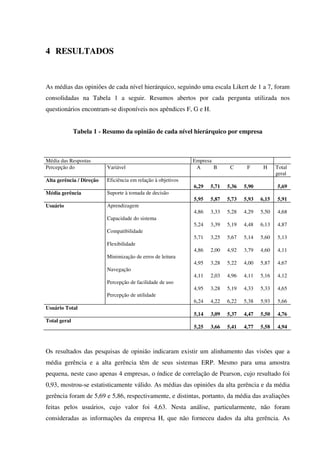 4 RESULTADOS
As médias das opiniões de cada nível hierárquico, seguindo uma escala Likert de 1 a 7, foram
consolidadas na Tabela 1 a seguir. Resumos abertos por cada pergunta utilizada nos
questionários encontram-se disponíveis nos apêndices F, G e H.
Tabela 1 - Resumo da opinião de cada nível hierárquico por empresa
Os resultados das pesquisas de opinião indicaram existir um alinhamento das visões que a
média gerência e a alta gerência têm de seus sistemas ERP. Mesmo para uma amostra
pequena, neste caso apenas 4 empresas, o índice de correlação de Pearson, cujo resultado foi
0,93, mostrou-se estatisticamente válido. As médias das opiniões da alta gerência e da média
gerência foram de 5,69 e 5,86, respectivamente, e distintas, portanto, da média das avaliações
feitas pelos usuários, cujo valor foi 4,63. Nesta análise, particularmente, não foram
consideradas as informações da empresa H, que não forneceu dados da alta gerência. As
Média das Respostas Empresa
Percepção do Variável A B C F H Total
geral
Alta gerência / Direção Eficiência em relação à objetivos
6,29 5,71 5,36 5,90 5,69
Média gerência Suporte à tomada de decisão
5,95 5,87 5,73 5,93 6,15 5,91
Usuário Aprendizagem
4,86 3,33 5,28 4,29 5,50 4,68
Capacidade do sistema
5,24 3,39 5,19 4,48 6,13 4,87
Compatibilidade
5,71 3,25 5,67 5,14 5,60 5,13
Flexibilidade
4,86 2,00 4,92 3,79 4,60 4,11
Minimização de erros de leitura
4,95 3,28 5,22 4,00 5,87 4,67
Navegação
4,11 2,03 4,96 4,11 5,16 4,12
Percepção de facilidade de uso
4,95 3,28 5,19 4,33 5,33 4,65
Percepção de utilidade
6,24 4,22 6,22 5,38 5,93 5,66
Usuário Total
5,14 3,09 5,37 4,47 5,50 4,76
Total geral
5,25 3,66 5,41 4,77 5,58 4,94
 