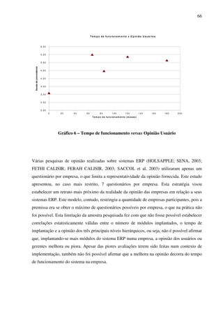 66
T e m p o d e fu n c io n a m e n to x O p in iã o U su á rio s
2 ,0 0
2 ,5 0
3 ,0 0
3 ,5 0
4 ,0 0
4 ,5 0
5 ,0 0
5 ,5 0
6 ,0 0
0 2 0 4 0 6 0 8 0 10 0 12 0 1 4 0 16 0 18 0 2 0 0
Te m p o d e fu n c io n a m en to (m e s es )
Escaladeconcordância
Gráfico 6 – Tempo de funcionamento versus Opinião Usuário
Várias pesquisas de opinião realizadas sobre sistemas ERP (HOLSAPPLE; SENA, 2003;
FETHI CALISIR; FERAH CALISIR, 2003; SACCOL et al, 2003) utilizaram apenas um
questionário por empresa, o que limita a representatividade da opinião fornecida. Este estudo
apresentou, no caso mais restrito, 7 questionários por empresa. Esta estratégia visou
estabelecer um retrato mais próximo da realidade da opinião das empresas em relação a seus
sistemas ERP. Este modelo, contudo, restringiu a quantidade de empresas participantes, pois a
premissa era se obter o máximo de questionários possíveis por empresa, o que na prática não
foi possível. Esta limitação da amostra pesquisada fez com que não fosse possível estabelecer
correlações estatisticamente válidas entre o número de módulos implantados, o tempo de
implantação e a opinião dos três principais níveis hierárquicos, ou seja, não é possível afirmar
que, implantando-se mais módulos do sistema ERP numa empresa, a opinião dos usuários ou
gerentes melhora ou piora. Apesar das piores avaliações terem sido feitas num contexto de
implementação, também não foi possível afirmar que a melhora na opinião decorra do tempo
de funcionamento do sistema na empresa.
 