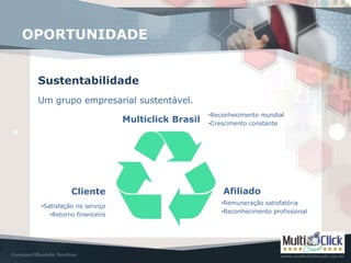 Sustentabilidade
Um grupo empresarial sustentável.
•Reconhecimento mundial
•Crescimento constante
•Satisfação no serviço
•Retorno financeiro
•Remuneração satisfatória
•Reconhecimento profissional
OPORTUNIDADE
Multiclick Brasil
Afiliado
Cliente
 