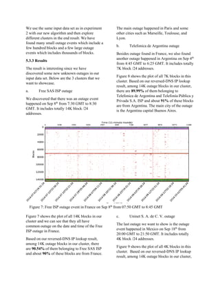 We use the same input data set as in experiment
2 with our new algorithm and then explore
different clusters in the end result. We have
found many small outage events which include a
few hundred blocks and a few large outage
events which includes thousands of blocks.
5.3.3 Results
The result is interesting since we have
discovered some new unknown outages in our
input data set. Below are the 3 clusters that we
want to showcase.
a. Free SAS ISP outage
We discovered that there was an outage event
happened on Sep 8th
from 7:30 GMT to 8:30
GMT. It includes totally 14K block /24
addresses.
Figure 7 shows the plot of all 14K blocks in our
cluster and we can see that they all have
common outage on the date and time of the Free
ISP outage in France.
Based on our reversed-DNS IP lookup result,
among 14K outage blocks in our cluster, there
are 90.54% of them belonging to Free SAS ISP
and about 90% of these blocks are from France.
The main outage happened in Paris and some
other cities such as Marseille, Toulouse, and
Lyon.
b. Telefonica de Argentina outage
Besides outage found in France, we also found
another outage happened in Argentina on Sep 4th
from 4:45 GMT to 6:25 GMT. It includes totally
7K block /24 addresses.
Figure 8 shows the plot of all 7K blocks in this
cluster. Based on our reversed-DNS IP lookup
result, among 14K outage blocks in our cluster,
there are 89.99% of them belonging to
Telefonica de Argentina and Telefonía Pública y
Privada S.A. ISP and about 91% of these blocks
are from Argentina. The main city of the outage
is the Argentina capital Buenos Aires.
c. Uninet S. A. de C. V. outage
The last outage we want to show is the outage
event happened in Mexico on Sep 18th
from
20:00 GMT to 21:50 GMT. It includes totally
4K block /24 addresses.
Figure 9 shows the plot of all 4K blocks in this
cluster. Based on our reversed-DNS IP lookup
result, among 14K outage blocks in our cluster,
Figure 7: Free ISP outage event in France on Sep 8th
from 07:50 GMT to 8:45 GMT
 