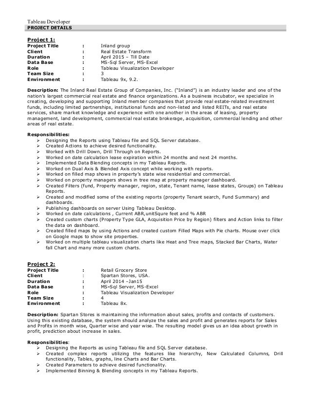 tableau developer tableau developer resume