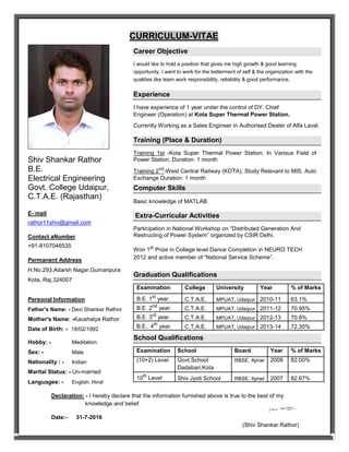 CURRICULUM-VITAE
Career Objective
Shiv Shankar Rathor
B.E.
Electrical Engineering
Govt. College Udaipur,
C.T.A.E. (Rajasthan)
E- mail
rathor11shiv@gmail.com
Contact aNumber
+91-8107046535
Permanent Address
H.No.293,Adarsh Nagar,Gumanpura
Kota, Raj.324007
Personal Information
Father's Name: - Devi Shankar Rathor
Mother's Name: -Kaushalya Rathor
Date of Birth: - 18/02/1992
Hobby: - Meditation
Sex: - Male
Nationality : - Indian
Marital Status: - Un-married
Languages: - English, Hindi
I would like to hold a position that gives me high growth & good learning
opportunity. I want to work for the betterment of self & the organization with the
qualities like team work responsibility, reliability & good performance.
Experience
I have experience of 1 year under the control of DY. Chief
Engineer (Operation) at Kota Super Thermal Power Station.
Currently Working as a Sales Engineer in Authorised Dealer of Alfa Laval.
Training (Place & Duration)
Training 1st -Kota Super Thermal Power Station, In Various Field of
Power Station, Duration: 1 month


Training 2nd
-West Central Railway (KOTA), Study Relevant to MIS, Auto
Exchange Duration: 1 month
Computer Skills
Basic knowledge of MATLAB.

Extra-Curricular Activities
Participation in National Workshop on “Distributed Generation And
Restructing of Power System” organized by CSIR Delhi.

Won 1st
Prize in College level Dance Completion in NEURO TECH

2012 and active member of “National Service Scheme”.
Graduation Qualifications
Examination College University Year % of Marks
B.E. 1st
year. C.T.A.E. MPUAT, Udaipur 2010-11 63.1%
B.E. 2nd
year. C.T.A.E. MPUAT, Udaipur 2011-12 70.95%
B.E. 3rd
year. C.T.A.E. MPUAT, Udaipur 2012-13 70.8%
B.E.. 4th
year. C.T.A.E. MPUAT, Udaipur 2013-14 72.35%
School Qualifications
Examination School Board Year % of Marks
(10+2) Level Govt.School RBSE, Ajmer 2009 82.00%
Dadabari,Kota
10th
Level Shiv Jyoti School RBSE, Ajmer 2007 82.67%
Declaration: - I hereby declare that the information furnished above is true to the best of my
knowledge and belief.
Date:- 31-7-2016
(Shiv Shankar Rathor)
 