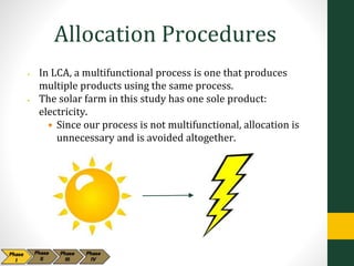 Allocation Procedures
• In LCA, a multifunctional process is one that produces
multiple products using the same process.
• The solar farm in this study has one sole product:
electricity.
• Since our process is not multifunctional, allocation is
unnecessary and is avoided altogether.
 