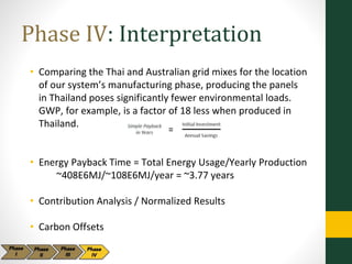 Phase IV: Interpretation
• Comparing the Thai and Australian grid mixes for the location
of our system’s manufacturing phase, producing the panels
in Thailand poses significantly fewer environmental loads.
GWP, for example, is a factor of 18 less when produced in
Thailand.
• Energy Payback Time = Total Energy Usage/Yearly Production
~408E6MJ/~108E6MJ/year = ~3.77 years
• Contribution Analysis / Normalized Results
• Carbon Offsets
 