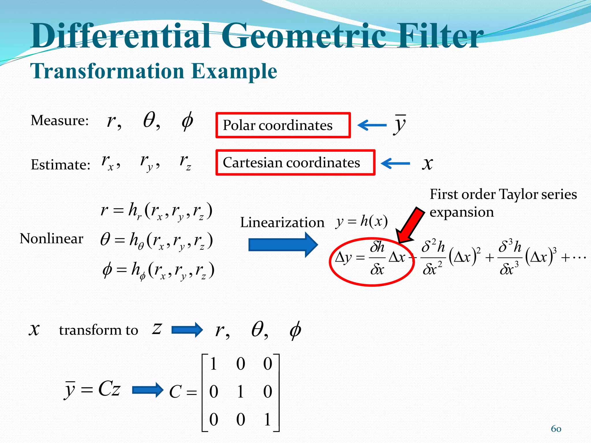 Differential Geometric Filter
Transformation Example
60
Measure: ,,r Polar coordinates
Estimate: zyx rrr ,, Cartesian coordinates
),,( zyxr rrrhr 
),,( zyx rrrh 
),,( zyx rrrh 
Nonlinear
Linearization
    

3
3
3
2
2
2
)(
x
x
h
x
x
h
x
x
h
y
xhy






First order Taylor series
expansion
x
y
transform tox z ,,r
Czy 











100
010
001
C
 