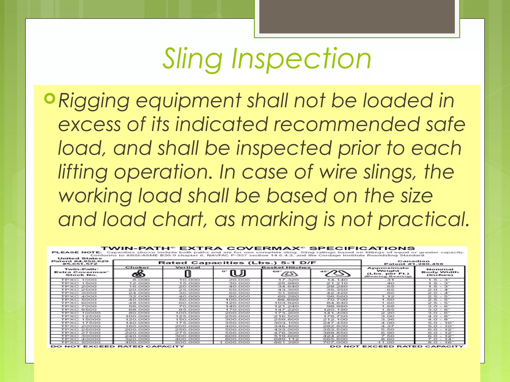Sling Inspection
Rigging equipment shall not be loaded in
excess of its indicated recommended safe
load, and shall be inspected prior to each
lifting operation. In case of wire slings, the
working load shall be based on the size
and load chart, as marking is not practical.
 