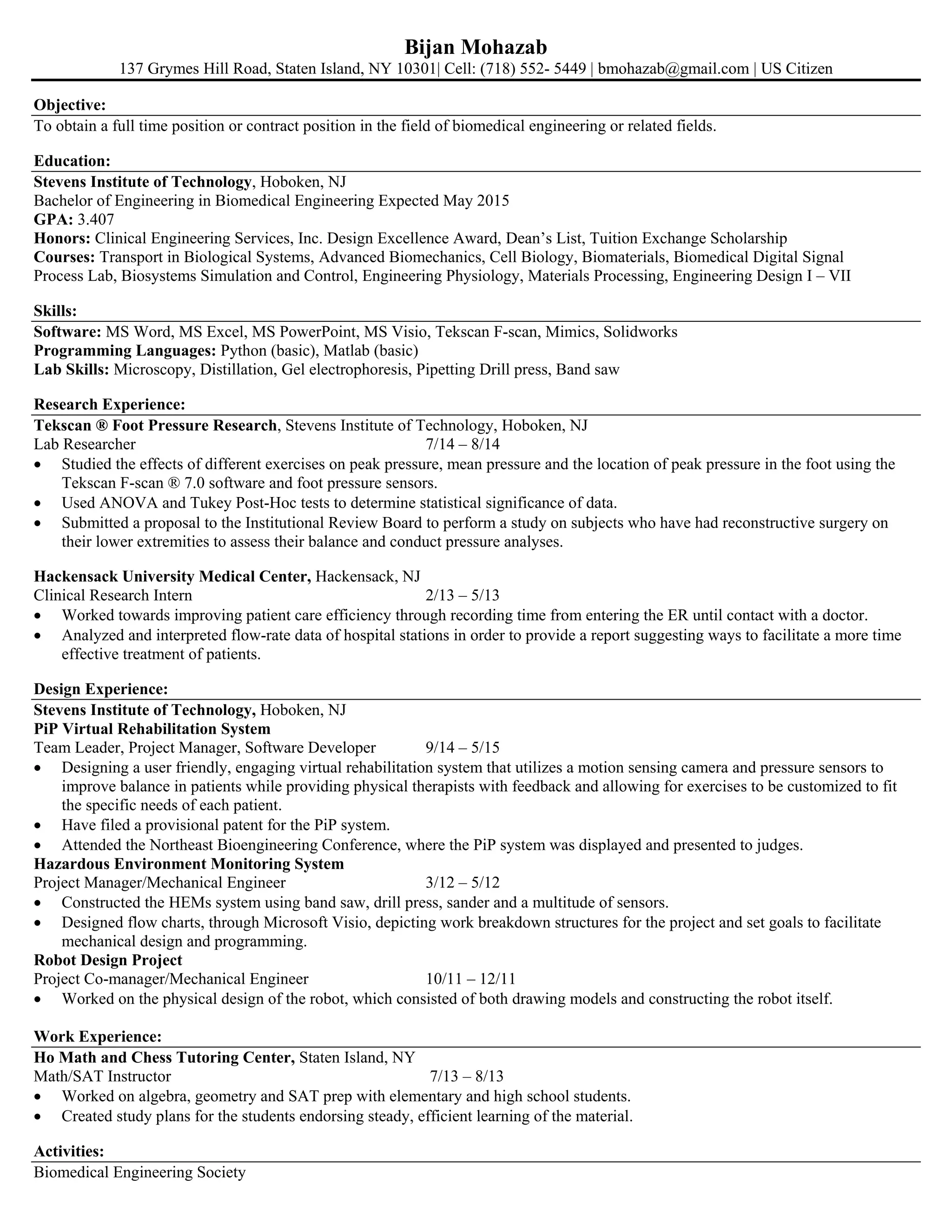 Bijan Mohazab Resume BME | PDF