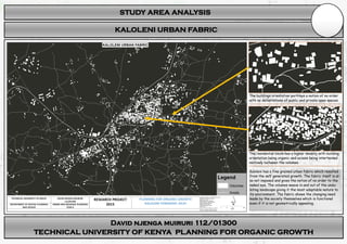 STUDY AREA ANALYSIS
David njenga muiruri 112/01300
TECHNICAL UNIVERSITY OF KENYA PLANNING FOR ORGANIC GROWTH
KALOLENI URBAN FABRIC
The buildings orientation portrays a notion of no order
with no delimitations of public and private open spaces.
The residential block has a higher density with building
orientation being organic and access being intertwined
narrowly between the volumes.
Kaloleni has a fine grained urban fabric which resulted
from the self generated growth. The fabric itself is al-
so not imposed and gives the notion of no order to the
naked eye. The volumes weave in and out of the undu-
lating landscape giving it the most adaptable nature to
its environment. The fabric shows the changing need
made by the society themselves which is functional
even if it is not geometrically appealing.
 