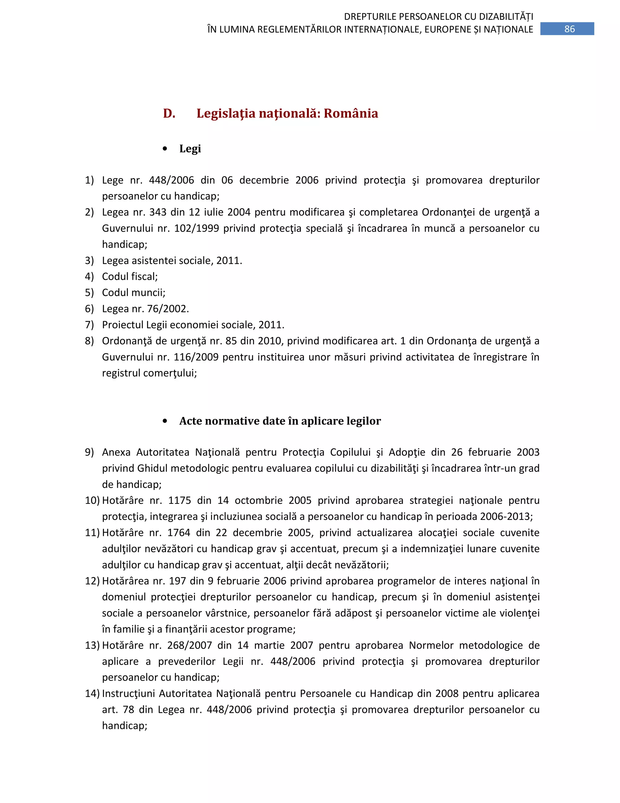 86
DREPTURILE PERSOANELOR CU DIZABILITĂȚI
ÎN LUMINA REGLEMENTĂRILOR INTERNAȚIONALE, EUROPENE ȘI NAȚIONALE
D. Legislaţia naţională: România
• Legi
1) Lege nr. 448/2006 din 06 decembrie 2006 privind protecţia şi promovarea drepturilor
persoanelor cu handicap;
2) Legea nr. 343 din 12 iulie 2004 pentru modificarea şi completarea Ordonanţei de urgenţă a
Guvernului nr. 102/1999 privind protecţia specială şi încadrarea în muncă a persoanelor cu
handicap;
3) Legea asistentei sociale, 2011.
4) Codul fiscal;
5) Codul muncii;
6) Legea nr. 76/2002.
7) Proiectul Legii economiei sociale, 2011.
8) Ordonanţă de urgenţă nr. 85 din 2010, privind modificarea art. 1 din Ordonanţa de urgenţă a
Guvernului nr. 116/2009 pentru instituirea unor măsuri privind activitatea de înregistrare în
registrul comerţului;
• Acte normative date în aplicare legilor
9) Anexa Autoritatea Naţională pentru Protecţia Copilului şi Adopţie din 26 februarie 2003
privind Ghidul metodologic pentru evaluarea copilului cu dizabilităţi şi încadrarea într-un grad
de handicap;
10) Hotărâre nr. 1175 din 14 octombrie 2005 privind aprobarea strategiei naţionale pentru
protecţia, integrarea şi incluziunea socială a persoanelor cu handicap în perioada 2006-2013;
11) Hotărâre nr. 1764 din 22 decembrie 2005, privind actualizarea alocaţiei sociale cuvenite
adulţilor nevăzători cu handicap grav şi accentuat, precum şi a indemnizaţiei lunare cuvenite
adulţilor cu handicap grav şi accentuat, alţii decât nevăzătorii;
12) Hotărârea nr. 197 din 9 februarie 2006 privind aprobarea programelor de interes naţional în
domeniul protecţiei drepturilor persoanelor cu handicap, precum şi în domeniul asistenţei
sociale a persoanelor vârstnice, persoanelor fără adăpost şi persoanelor victime ale violenţei
în familie şi a finanţării acestor programe;
13) Hotărâre nr. 268/2007 din 14 martie 2007 pentru aprobarea Normelor metodologice de
aplicare a prevederilor Legii nr. 448/2006 privind protecţia şi promovarea drepturilor
persoanelor cu handicap;
14) Instrucţiuni Autoritatea Naţională pentru Persoanele cu Handicap din 2008 pentru aplicarea
art. 78 din Legea nr. 448/2006 privind protecţia şi promovarea drepturilor persoanelor cu
handicap;
 