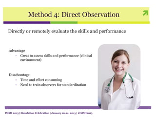 Method 4: Direct Observation
Directly or remotely evaluate the skills and performance
Advantage
• Great to assess skills and performance (clinical
environment)
Disadvantage
• Time and effort consuming
• Need to train observers for standardization
IMSH 2015 | Simulation Celebration | January 10-14, 2015 | #IMSH2015
 