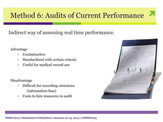 Method 6: Audits of Current Performance
Indirect way of assessing real time performance.
Advantage
• Unobstructive
• Standardized with certain criteria
• Useful for medical record use
Disadvantage
• Difficult for recording omissions
(information bias)
• Costs to hire resources to audit
IMSH 2015 | Simulation Celebration | January 10-14, 2015 | #IMSH2015
 