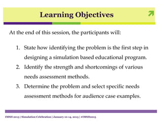 
IMSH 2015 | Simulation Celebration | January 10-14, 2015 | #IMSH2015
Learning Objectives
At the end of this session, the participants will:
1. State how identifying the problem is the first step in
designing a simulation based educational program.
2. Identify the strength and shortcomings of various
needs assessment methods.
3. Determine the problem and select specific needs
assessment methods for audience case examples.
 