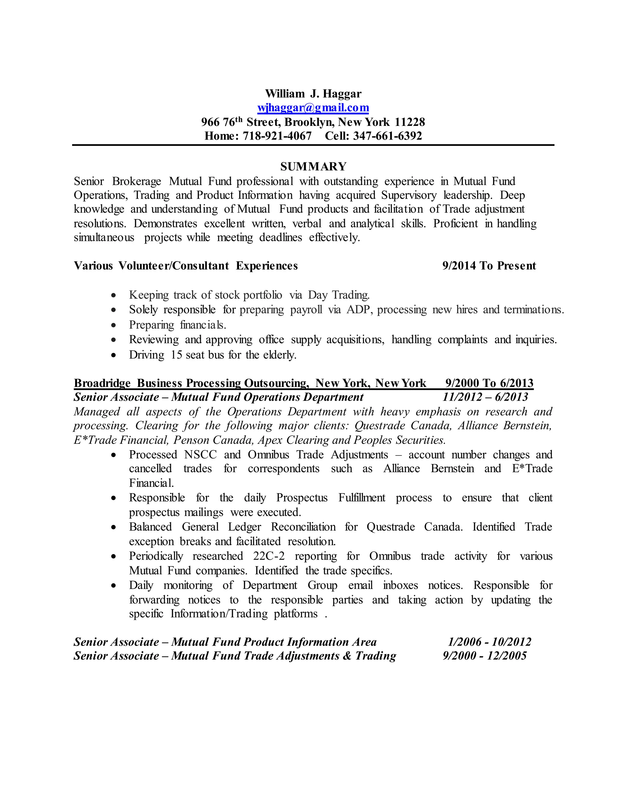 WJ Haggar Resume 2016 PDF
