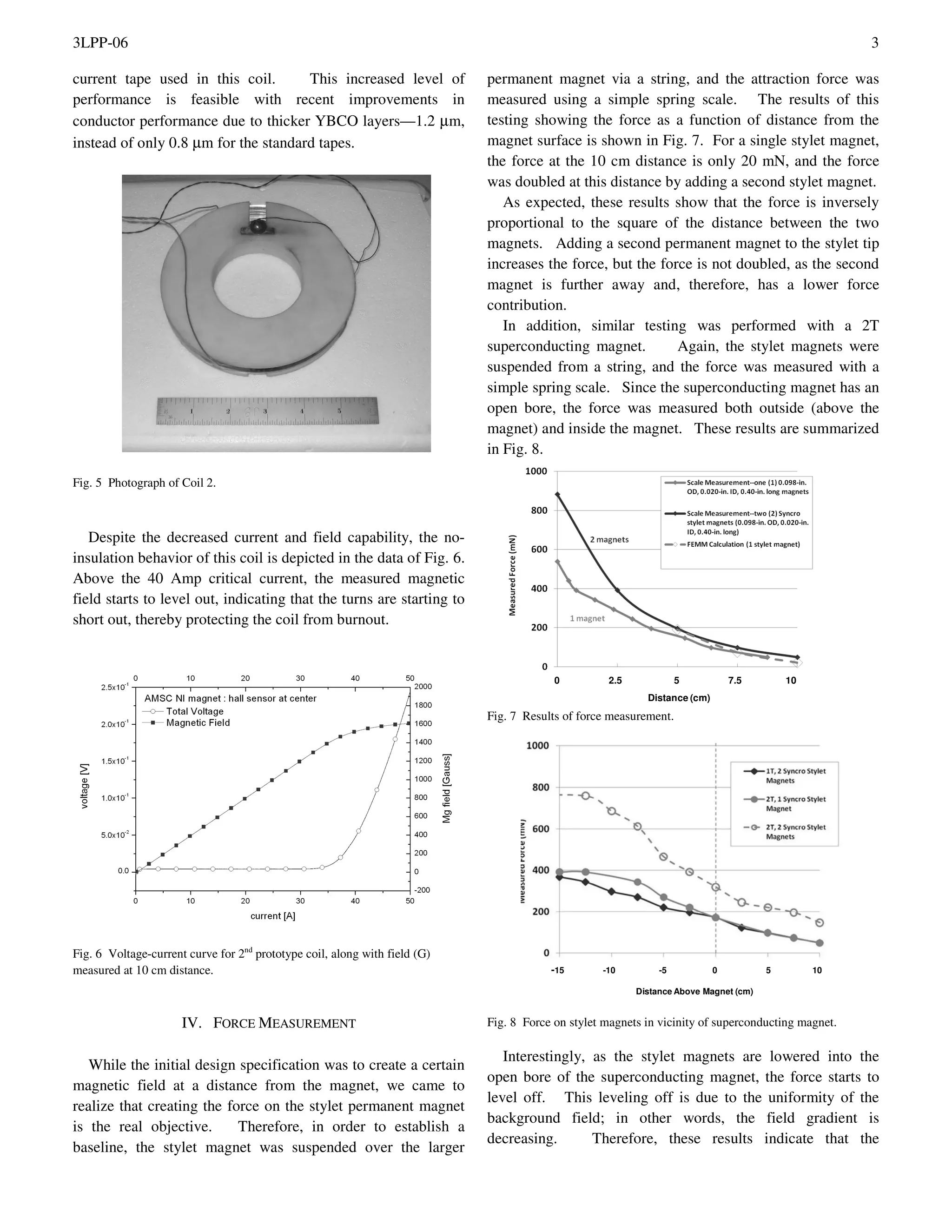 3LPP-06 3
current tape used in this coil. This increased level of
performance is feasible with recent improvements in
conductor performance due to thicker YBCO layers—1.2 µm,
instead of only 0.8 µm for the standard tapes.
Fig. 5 Photograph of Coil 2.
Despite the decreased current and field capability, the no-
insulation behavior of this coil is depicted in the data of Fig. 6.
Above the 40 Amp critical current, the measured magnetic
field starts to level out, indicating that the turns are starting to
short out, thereby protecting the coil from burnout.
Fig. 6 Voltage-current curve for 2nd
prototype coil, along with field (G)
measured at 10 cm distance.
IV. FORCE MEASUREMENT
While the initial design specification was to create a certain
magnetic field at a distance from the magnet, we came to
realize that creating the force on the stylet permanent magnet
is the real objective. Therefore, in order to establish a
baseline, the stylet magnet was suspended over the larger
permanent magnet via a string, and the attraction force was
measured using a simple spring scale. The results of this
testing showing the force as a function of distance from the
magnet surface is shown in Fig. 7. For a single stylet magnet,
the force at the 10 cm distance is only 20 mN, and the force
was doubled at this distance by adding a second stylet magnet.
As expected, these results show that the force is inversely
proportional to the square of the distance between the two
magnets. Adding a second permanent magnet to the stylet tip
increases the force, but the force is not doubled, as the second
magnet is further away and, therefore, has a lower force
contribution.
In addition, similar testing was performed with a 2T
superconducting magnet. Again, the stylet magnets were
suspended from a string, and the force was measured with a
simple spring scale. Since the superconducting magnet has an
open bore, the force was measured both outside (above the
magnet) and inside the magnet. These results are summarized
in Fig. 8.
0 2.5 5 7.5 10
Distance (cm)
Fig. 7 Results of force measurement.
-15 -10 -5 0 5 10
Distance Above Magnet (cm)
Fig. 8 Force on stylet magnets in vicinity of superconducting magnet.
Interestingly, as the stylet magnets are lowered into the
open bore of the superconducting magnet, the force starts to
level off. This leveling off is due to the uniformity of the
background field; in other words, the field gradient is
decreasing. Therefore, these results indicate that the
 