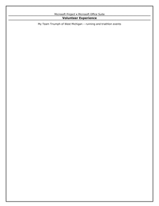 Microsoft Project • Microsoft Office Suite
Volunteer Experience
My Team Triumph of West Michigan – running and triathlon events
 