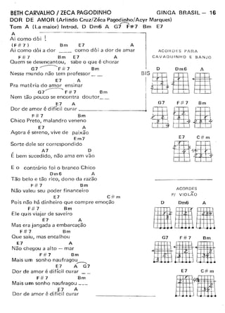 BETHCARVALHO / ZECA PAGODINHO GINGA BRASIL - 16
DOR DE AMOR (Arlindo Cruz/Zéca Pagodinho/ Acyr Marques)
~
Tom A (La maior) Introd. D Dm6 A G7 F*7 Bm E7
A
Ai como dói ~
(F#7) 8m E7 A
Ai como dói a dor como dói a dor de amar
F # 7 Bm E7 A
Quem sedesencantou, sabeo que é chorar
G7 --------F # 7 Bm D D 6 A
Nessemundo não ~~m prof:ssor __ BI'I,sagm •
Pra matéria do amor ensinar
G7~F#7 Em
Nem tão pouco se encontra doutor I
E7 A G7 F# 7 Bm
Dor de amor é difícil curar ----------- .......•~ ~ tI&F#7 Bm ;('1
Chico Preto, malandro veneno 3 ,i
E7 A
Agora é sereno, vive de paixão
Em7
Sorte dele ser correspondido
A7 D
É bem sucedido, não ama em vão
E o contrário foi o branco Chico
Dm6 A
Tão belo e tão rico, dono da razão
F#7 Bm
Não valeu seu poder financeiro
E7 C# m
Pois não há dinheiro que compre emoção
F#7 Bm
Ele quis viajar de saveiro
E7 A
Mas era jangada a embarcação
F#7 Bm
Que saiu, mas encalhou
E7 A
Não chegou a alto - mar
F# 7 Bm
Mais um sonho naufragou...--.,.
E7 A G7
Dor de amor fi difícil curar __
F# 7 Bm
Mais um sonho naufragou _
D ' d"f,F?1 Aar de amor e I ICI curar
ACORDES PARA
CAVAQUINHO E BANJO
E7 C# m
D
ACORDES
P! VIOLÃO
Dm6 A
G7 F#7 Bm
•••E7 C# m
 