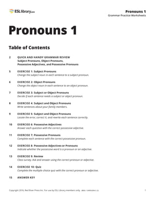 Copyright 2016, Red River Press Inc. For use by ESL Library members only. (BEG / VERSION 2.2) 1
Pronouns 1
Grammar Practice Worksheets
Pronouns 1
Table of Contents
2
5
6
7
8
9
10
11
12
13
14
15
QUICK AND HANDY GRAMMAR REVIEW
Subject Pronouns, Object Pronouns,
Possessive Adjectives, and Possessive Pronouns
EXERCISE 1: Subject Pronouns
Change the subject noun in each sentence to a subject pronoun.
EXERCISE 2: Object Pronouns
Change the object noun in each sentence to an object pronoun.
EXERCISE 3: Subject or Object Pronouns
Decide if each sentence needs a subject or object pronoun.
EXERCISE 4: Subject and Object Pronouns
Write sentences about your family members.
EXERCISE 5: Subject and Object Pronouns
Locate the error, correct it, and rewrite each sentence correctly.
EXERCISE 6: Possessive Adjectives
Answer each question with the correct possessive adjective.
EXERCISE 7: Possessive Pronouns
Complete each sentence with the correct possessive pronoun.
EXERCISE 8: Possessive Adjectives or Pronouns
Indicate whether the possessive word is a pronoun or an adjective.
EXERCISE 9: Review
Class survey. Ask and answer using the correct pronoun or adjective.
EXERCISE 10: Quiz
Complete the multiple-choice quiz with the correct pronoun or adjective.
ANSWER KEY
 