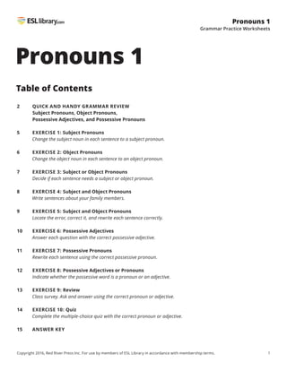 Copyright 2016, Red River Press Inc. For use by members of ESL Library in accordance with membership terms. 1
Pronouns 1
Grammar Practice Worksheets
Pronouns 1
Table of Contents
2
5
6
7
8
9
10
11
12
13
14
15
QUICK AND HANDY GRAMMAR REVIEW
Subject Pronouns, Object Pronouns,
Possessive Adjectives, and Possessive Pronouns
EXERCISE 1: Subject Pronouns
Change the subject noun in each sentence to a subject pronoun.
EXERCISE 2: Object Pronouns
Change the object noun in each sentence to an object pronoun.
EXERCISE 3: Subject or Object Pronouns
Decide if each sentence needs a subject or object pronoun.
EXERCISE 4: Subject and Object Pronouns
Write sentences about your family members.
EXERCISE 5: Subject and Object Pronouns
Locate the error, correct it, and rewrite each sentence correctly.
EXERCISE 6: Possessive Adjectives
Answer each question with the correct possessive adjective.
EXERCISE 7: Possessive Pronouns
Rewrite each sentence using the correct possessive pronoun.
EXERCISE 8: Possessive Adjectives or Pronouns
Indicate whether the possessive word is a pronoun or an adjective.
EXERCISE 9: Review
Class survey. Ask and answer using the correct pronoun or adjective.
EXERCISE 10: Quiz
Complete the multiple-choice quiz with the correct pronoun or adjective.
ANSWER KEY
 
