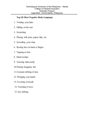Technological University of the Philippines – Manila
College of industrial Education
Graduate Program
Ayala Blvd., Ermita Manila, Philippines
Top 20 Most Negative Body Language
1. Twirling your hairs
2. Sliding on the seat
3. Scratching
4. Playing with pens, paper clips, etc
5. Swivelling your chair
6. Resting face on hand or fingers
7. Tapping on feet
8. Hand-on-hips
9. Yawning indiscreetly
10.Picking Imaginary lint
11.Constant rubbing of skin
12. Wringing your hands
13. Covering of mouth
14. Touching of nose
15. Eye rubbing
 