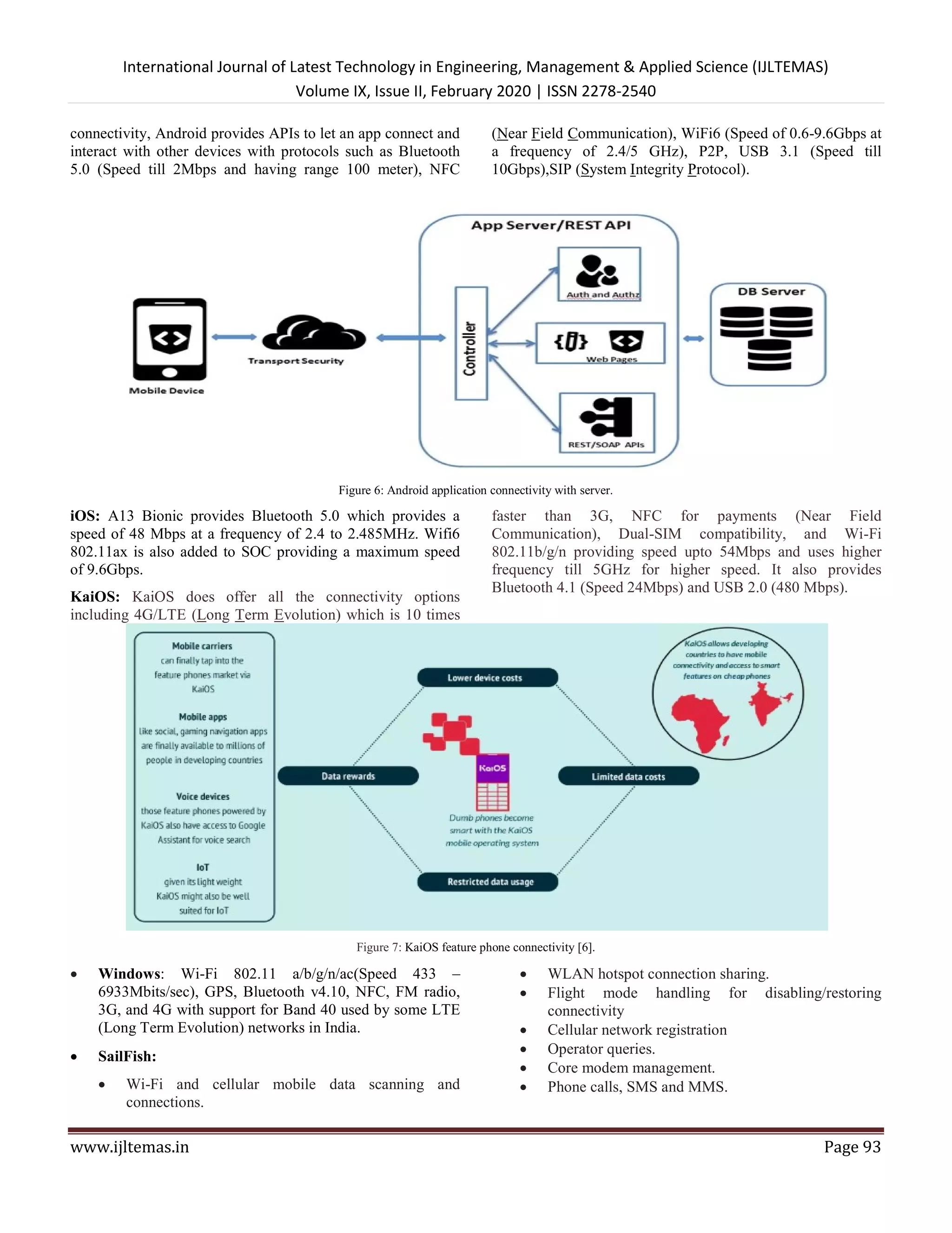 International Journal of Latest Technology in Engineering, Management & Applied Science (IJLTEMAS)
Volume IX, Issue II, February 2020 | ISSN 2278-2540
www.ijltemas.in Page 93
connectivity, Android provides APIs to let an app connect and
interact with other devices with protocols such as Bluetooth
5.0 (Speed till 2Mbps and having range 100 meter), NFC
(Near Field Communication), WiFi6 (Speed of 0.6-9.6Gbps at
a frequency of 2.4/5 GHz), P2P, USB 3.1 (Speed till
10Gbps),SIP (System Integrity Protocol).
Figure 6: Android application connectivity with server.
iOS: A13 Bionic provides Bluetooth 5.0 which provides a
speed of 48 Mbps at a frequency of 2.4 to 2.485MHz. Wifi6
802.11ax is also added to SOC providing a maximum speed
of 9.6Gbps.
KaiOS: KaiOS does offer all the connectivity options
including 4G/LTE (Long Term Evolution) which is 10 times
faster than 3G, NFC for payments (Near Field
Communication), Dual-SIM compatibility, and Wi-Fi
802.11b/g/n providing speed upto 54Mbps and uses higher
frequency till 5GHz for higher speed. It also provides
Bluetooth 4.1 (Speed 24Mbps) and USB 2.0 (480 Mbps).
Figure 7: KaiOS feature phone connectivity [6].
 Windows: Wi-Fi 802.11 a/b/g/n/ac(Speed 433 –
6933Mbits/sec), GPS, Bluetooth v4.10, NFC, FM radio,
3G, and 4G with support for Band 40 used by some LTE
(Long Term Evolution) networks in India.
 SailFish:
 Wi-Fi and cellular mobile data scanning and
connections.
 WLAN hotspot connection sharing.
 Flight mode handling for disabling/restoring
connectivity
 Cellular network registration
 Operator queries.
 Core modem management.
 Phone calls, SMS and MMS.
 