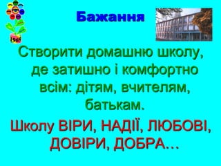 Бажання

 Створити домашню школу,
  де затишно і комфортно
    всім: дітям, вчителям,
           батькам.
Школу ВІРИ, НАДІЇ, ЛЮБОВІ,
     ДОВІРИ, ДОБРА…
 
