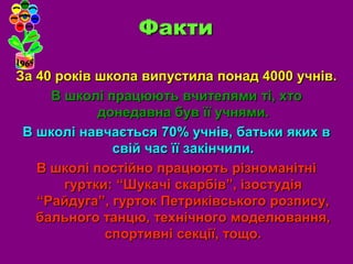 Факти

За 40 років школа випустила понад 4000 учнів.
     В школі працюють вчителями ті, хто
            донедавна був її учнями.
 В школі навчається 70% учнів, батьки яких в
              свій час її закінчили.
   В школі постійно працюють різноманітні
       гуртки: “Шукачі скарбів”, ізостудія
   “Райдуга”, гурток Петриківського розпису,
   бального танцю, технічного моделювання,
             спортивні секції, тощо.
 