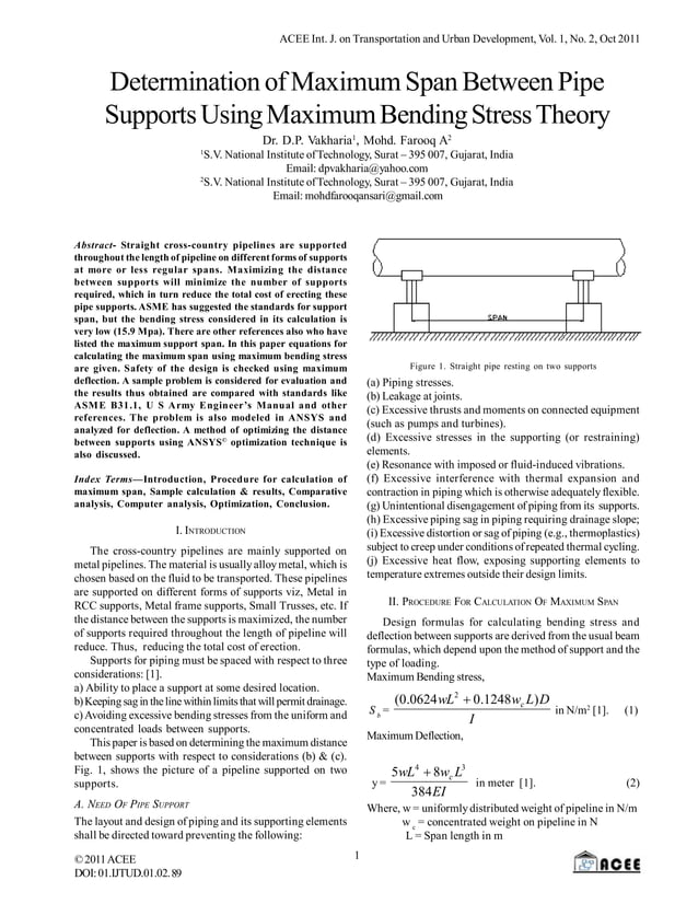 Determination of Maximum Span Between Pipe Supports Using Maximum Bending Stress Theory PDF
