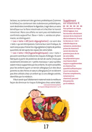 17
lactose, ou contenant des germes probiotiques (comme
le bifidus) ou contenant des substances prébiotiques,
sontdestinéesàaméliorerladigestion,àagirdansunsens
bénéfique sur la flore intestinale et à faciliter le transit
intestinal. Mais ces effets ne sont pas véritablement
confirmés aujourd’hui. Deux « laits », vendus en phar-
macie, se distinguent:
yLes « laits » AR (anti-régurgitation) : ce sont des
«laits»quiontétéépaissis.Commeleurnoml’indique,ils
sontconçuspourfreinerlesrégurgitations(rejetsdepetites
quantitésdelaitaprèslesrepas)devotrebébé.
yLes « laits » HA (hypoallergéniques) : ces « laits »
peuventcontribueràréduirelesrisquesd’allergie.Ilssont
fabriqués à partir de protéines de lait de vache (mais pas
seulement)diviséesen«petitsmorceaux»pourqu’elles
soientmieuxsupportéesparlesenfants.Ilssontconseillés
pour les enfants ayant un terrain allergique (un des deux
parentsoudesfrèresetsœursallergiques)etnedoivent
pas être utilisés chez un enfant qui a une allergie avérée,
identifiéeparlemédecin.
Ilfautsavoirquel’allaitementmaternelrestelameilleure
façon de diminuer le risque d’allergies chez votre bébé.
LisezaussiCommentprévenir
lesrisquesd’allergiealimentaire?, p.36
Supplément
en vitamine K
Pourprévenirunrisque
hémorragique,tous
lesnouveau-nésdoivent
recevoirdelavitamineK
dèslanaissance.Sivous
luidonnezun«lait»
infantiledepuissa
naissance,seulesdeux
prisesdevitamineK
serontdonnéesles
premiersjoursdevie
devotrebébé,
lespréparationspour
nourrissonsétant
toujourssupplémentées
envitamineKen
quantitésuffisantepour
couvrirsesbesoins.
D’autrescompléments,
notammenten
vitamineD,peuvent
êtreprescrits
parlemédecin.
250-06134-B Guide 0_3 ans 5/01/06 16:34 Page 17
 