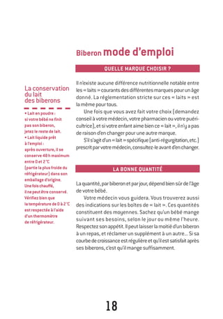 18
Biberonmoded’emploi
QUELLE MARQUE CHOISIR ?
Il n’existe aucune différence nutritionnelle notable entre
les«laits»courantsdesdifférentesmarquespourunâge
donné. La réglementation stricte sur ces « laits » est
lamêmepourtous.
Une fois que vous avez fait votre choix (demandez
conseilàvotremédecin,votrepharmacienouvotrepuéri-
cultrice),etsivotreenfantaimebience«lait»,iln’yapas
deraisond’enchangerpouruneautremarque.
S’ils’agitd’un«lait»spécifique(anti-régurgitation,etc.)
prescritparvotremédecin,consultez-leavantd’enchanger.
LA BONNE QUANTITÉ
Laquantité,parbiberonetparjour,dépendbiensûrdel’âge
devotrebébé.
Votre médecin vous guidera. Vous trouverez aussi
des indications sur les boîtes de « lait ». Ces quantités
constituent des moyennes. Sachez qu’un bébé mange
suivant ses besoins, selon le jour ou même l’heure.
Respectezsonappétit.Ilpeutlaisserlamoitiéd’unbiberon
à un repas, et réclamer un supplément à un autre... Si sa
courbedecroissanceestrégulièreetqu’ilestsatisfaitaprès
sesbiberons,c’estqu’ilmangesuffisamment.
Laconservation
dulait
desbiberons
•Laitenpoudre:
sivotrebébénefinit
passonbiberon,
jetezlerestedelait.
•Laitliquideprêt
àl’emploi:
aprèsouverture,ilse
conserve48hmaximum
entre0et2°C
(partielaplusfroidedu
réfrigérateur)dansson
emballaged’origine.
Unefoischauffé,
ilnepeutêtreconservé.
Vérifiezbienque
latempératurede0à2°C
estrespectéeàl’aide
d’unthermomètre
deréfrigérateur.
250-06134-B Guide 0_3 ans 5/01/06 16:34 Page 18
 