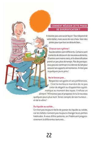 22
COMMENT RÉUSSIR CETTE PHASE
DE DIVERSIFICATION ?
Iln’existepasuneseulefaçon!Toutdépendde
votrebébé,maisaussidevoschoix.Voicides
pistespourquetoutsedéroulebien...
Chacunsonrythme!
Touslesbébéssontdifférents.Certainssont
contentsdedécouvrirdenouveauxaliments.
D’autressontmoinsravis,etladiversification
prendunpeuplusdetemps.Pasdepanique:
vouspouvezcontinueràluidonnerdulaitpour
assurersesapportsalimentaires.Iln’estpas
àquelquesjoursprès!
Neleforcezpas...
Respectez ses goûts et ses préférences.
C’est la meilleure manière de ne pas
créer de dégoût ou d’opposition systé-
matique au moment des repas. Il refuse un
aliment?N’insistezpasetproposez-leluiànouveau
quelques jours plus tard. Tenez compte de son humeur...
et de la vôtre!
Duliquideausolide...
Ce n’est pas toujours facile de passer du liquide au solide,
carlesbébésn’aimentpastoujourschangerleurspetites
habitudes. À vous d’être patiente, en l’habituant progres-
sivementàdifférentestextures...
250-06134-B Guide 0_3 ans 5/01/06 16:34 Page 22
 