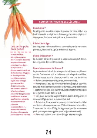 Lespetitspots
pourbébés
Ilssontsoumis
àlaréglementation
des«alimentsdestinés
auxnourrissonset
enfantsenbasâge»;
ilsrépondentà
desnormestrèsstrictes
defabrication,d’hygiène
etdecomposition.
Laréglementation,
ayantpourprincipe
qu’«enmatière
decontaminants,
lesalimentsadaptés
àl’enfantdoivent
présenterdesgaranties
supérieuresàcelles
qu’offrentlesaliments
deconsommation
courante
correspondants»,
imposenotamment
destauxminimauxde
pesticidesetdenitrates.
COMMENT INTRODUIRE LES LÉGUMES ?
Quechoisir?
Deslégumesbientolérésparl’estomacdevotrebébé:les
haricotsverts,lesépinards,lescourgettessanspépinset
sanspeau,desblancsdepoireaux,lescarottes.
Àéviteràcetâge
Les légumes riches en fibres, comme la partie verte des
poireaux,lessalsifis...plusdifficilesàdigérer.
Quellepréparation?
La cuisson se fait à l’eau ou à la vapeur, sans ajout de sel.
Leslégumesdoiventêtremixés.
Quandetcommentluidonner?
Ilspeuventêtreintroduitsaurepasdemidi,encomplément
dulait.Donnez-lessoitaubiberon,soitàlapetitecuillère.
Si vous optez pour le biberon, voici la marche à suivre :
yFaitesunesoupedelégumes,nonmoulinée.
yRemplacez l’eau de l’un des biberons (le plus souvent
celuidemidi)parlebouillondelégumes:210gdebouillon
+septmesuresdelait,ouintroduisezdirectementunpeu
delégumesmixésdanslelait.
yLesjourssuivants,augmentezlesdosesdelégumeset
diminuezlégèrementlaquantitédelait.
yAuboutdedeuxsemaines,vousproposerezàvotrebébé
unbiberondesoupeépaisse:150mld’eauoudebouillon,
5 mesures de lait + 130 g de légumes (purée maison ou
petitpotoupuréesurgeléesansadjonctiondesel).
yPensezàutiliserunetétine2e
âge,àfenteélargie.
24
250-06134-B Guide 0_3 ans 5/01/06 16:34 Page 24
 