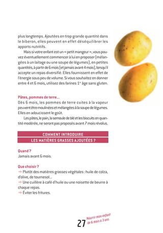 plus longtemps. Ajoutées en trop grande quantité dans
le biberon, elles peuvent en effet déséquilibrer les
apports nutritifs.
Maissivotreenfantestun«petitmangeur»,vouspou-
vezéventuellementcommenceràluienproposer(mélan-
gées à un laitage ou une soupe de légumes), en petites
quantités,àpartirde6mois(etjamaisavant4mois),lorsqu’il
accepte un repas diversifié. Elles fournissent en effet de
l’énergiesouspeudevolume.Sivoussouhaitezendonner
entre 4 et 6 mois, utilisez des farines 1er
âge sans gluten.
Pâtes,pommesdeterre...
Dès 6 mois, les pommes de terre cuites à la vapeur
peuventêtremoulinéesetmélangéesàlasoupedelégumes.
Ellesenadoucissentlegoût.
Lespâtes,lepain,lasemouledebléetlesbiscuitsenquan-
titémodérée,neserontpasproposésavant7moisrévolus.
COMMENT INTRODUIRE
LES MATIÈRES GRASSES AJOUTÉES ?
Quand?
Jamaisavant6mois.
Quechoisir?
yPlutôtdesmatièresgrassesvégétales:huiledecolza,
d’olive,detournesol...
yUne cuillère à café d’huile ou une noisette de beurre à
chaquerepas.
yÉviterlesfritures.
27
Nourrir mon enfant
de 6 mois à 3 ans
250-06134-B Guide 0_3 ans 5/01/06 16:34 Page 27
 