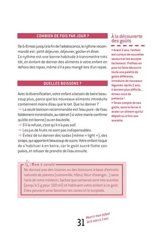 COMBIEN DE FOIS PAR JOUR ?
De6-8moisjusqu’àlafindel’adolescence,lerythmerecom-
mandéest:petitdéjeuner,déjeuner,goûteretdîner.
Ce rythme est une bonne habitude à transmettre très
tôt, en évitant de donner des aliments à votre enfant en
dehorsdesrepas,mêmes’ilapeumangélorsd’unrepas.
QUELLES BOISSONS ?
Avecladiversification,votreenfantabesoindeboirebeau-
coup plus, parce que les nouveaux aliments introduits
contiennentmoinsd’eauquelelait.Queluidonner?
yLaseuleboissonrecommandéeestl’eaupure:del’eau
faiblementminéralisée,aurobinet(sivotremairieconfirme
qu’elleestbonne)ouenbouteille.
yS’illarefuse,c’estqu’iln’apassoif.
yLesjusdefruitsnesontpasindispensables.
yÉvitez de lui donner des sodas (même « light »), des
sirops,quiapportentbeaucoupdesucre.Votreenfantrisque
de s’habituer à en boire, car le goût sucré flatte son
palais,etrefuserdeprendredel’eauensuite.
Àladécouverte
desgoûts
•Avant2ans,l’enfant
estcurieuxdenouvelles
saveursetlesaccepte
facilement.Profitez-en
pourluifairedécouvrir
touteunepalettede
goûtsdifférents,
introduiredenouveaux
légumes.Après2ans,
ildevientplusdifficile...
Armez-vousde
patience!
•Tenezcomptedeses
goûts,sansleforcerà
avalerunalimentquilui
déplaîtouàfinirson
assiette.
31
Nourrir mon enfant
de 6 mois à 3 ans
Bon à savoir
Nedonnezpasdestisanesoudesboissonsàbased’extraits
naturelsdeplantes(camomille,tilleul,fleurd’oranger...)sans
l’avisdevotremédecin.Sachezquecertainessonttrèssucrées
(jusqu’à5gpour100ml)ethabituentvotreenfantàcegoût.
Ellespeuventainsifavoriserlescariesetlesurpoids.
250-06134-B Guide 0_3 ans 5/01/06 16:34 Page 31
 