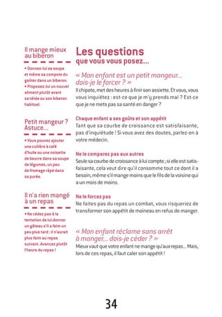 Lesquestions
quevousvousposez...
«Monenfantestunpetitmangeur...
dois-jeleforcer?»
Ilchipote,metdesheuresàfinirsonassiette.Etvous,vous
vous inquiétez : est-ce que je m’y prends mal ? Est-ce
quejenemetspassasantéendanger?
Chaqueenfantasesgoûtsetsonappétit
Tant que sa courbe de croissance est satisfaisante,
pas d’inquiétude ! Si vous avez des doutes, parlez-en à
votre médecin.
Nelecomparezpasauxautres
Seulesacourbedecroissanceàluicompte;sielleestsatis-
faisante, cela veut dire qu’il consomme tout ce dont il a
besoin,mêmes’ilmangemoinsquelefilsdelavoisinequi
aunmoisdemoins.
Neleforcezpas
Ne faites pas du repas un combat, vous risqueriez de
transformer son appétit de moineau en refus de manger.
«Monenfantréclamesansarrêt
àmanger...dois-jecéder?»
Mieuxvautquevotreenfantnemangequ’auxrepas...Mais,
lorsdecesrepas,ilfautcalersonappétit!
Ilmangemieux
aubiberon
•Donnez-luisasoupe
etmêmesacompotedu
goûterdansunbiberon.
•Proposez-luiunnouvel
alimentplutôtavant
satétéeousonbiberon
habituel.
Petitmangeur?
Astuce...
•Vouspouvezajouter
unecuillèreàcafé
d’huileouunenoisette
debeurredanssasoupe
delégumes,unpeu
defromagerâpédans
sapurée.
Iln’arienmangé
àunrepas
•Necédezpasàla
tentationdeluidonner
ungâteaus’ilafaimun
peuplustard:iln’aurait
plusfaimaurepas
suivant.Avancezplutôt
l’heuredurepas!
34
250-06134-B Guide 0_3 ans 5/01/06 16:34 Page 34
 