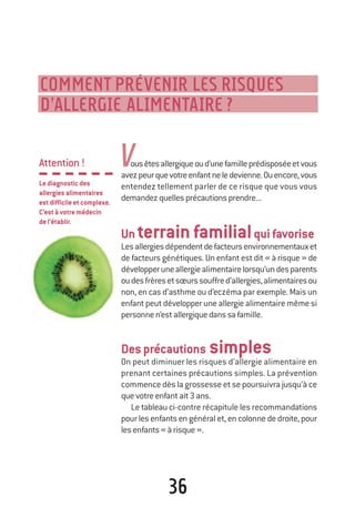 36
COMMENT PRÉVENIR LES RISQUES
D’ALLERGIE ALIMENTAIRE?
Vousêtesallergiqueoud’unefamilleprédisposéeetvous
avezpeurquevotreenfantneledevienne.Ouencore,vous
entendez tellement parler de ce risque que vous vous
demandezquellesprécautionsprendre...
Unterrainfamilialquifavorise
Lesallergiesdépendentdefacteursenvironnementauxet
de facteurs génétiques. Un enfant est dit « à risque » de
développeruneallergiealimentairelorsqu’undesparents
oudesfrèresetsœurssouffred’allergies,alimentairesou
non, en cas d’asthme ou d’eczéma par exemple. Mais un
enfant peut développer une allergie alimentaire même si
personnen’estallergiquedanssafamille.
Desprécautions simples
On peut diminuer les risques d’allergie alimentaire en
prenant certaines précautions simples. La prévention
commence dès la grossesse et se poursuivra jusqu’à ce
quevotreenfantait3ans.
Le tableau ci-contre récapitule les recommandations
pour les enfants en général et, en colonne de droite, pour
lesenfants«àrisque».
Attention!
Lediagnosticdes
allergiesalimentaires
estdifficileetcomplexe.
C’estàvotremédecin
del’établir.
250-06134-B Guide 0_3 ans 5/01/06 16:34 Page 36
 
