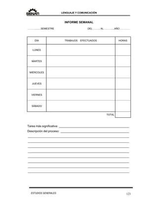 LENGUAJE Y COMUNICACIÓN
123ESTUDIOS GENERALES
INFORME SEMANAL
……….........SEMESTRE DEL ….….. AL ………....AÑO …………
DÍA TRABAJOS EFECTUADOS HORAS
LUNES
MARTES
MIÉRCOLES
JUEVES
VIERNES
SÁBADO
TOTAL
Tarea más significativa: ___________________________________________
Descripción del proceso: __________________________________________
______________________________________________________________
______________________________________________________________
______________________________________________________________
______________________________________________________________
______________________________________________________________
______________________________________________________________
______________________________________________________________
______________________________________________________________
 