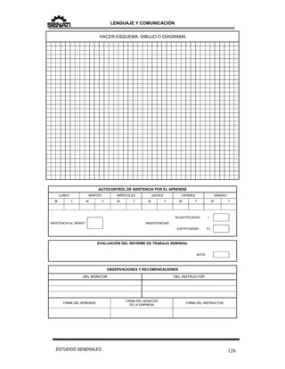LENGUAJE Y COMUNICACIÓN
126ESTUDIOS GENERALES
HACER ESQUEMA, DIBUJO O DIAGRAMA
AUTOCONTROL DE ASISTENCIA POR EL APRENDIZ
LUNES MARTES MIÉRCOLES JUEVES VIERNES SÁBADO
M T M T M T M T M T M T
INJUSTIFICADAS : I
ASISTENCIA AL SENATI INASISTENCIAS
JUSTIFICADAS : FJ
EVALUACIÓN DEL INFORME DE TRABAJO SEMANAL
NOTA
OBSERVACIONES Y RECOMENDACIONES
DEL MONITOR DEL INSTRUCTOR
FIRMA DEL APRENDIZ
FIRMA DEL MONITOR
DE LA EMPRESA
FIRMA DEL INSTRUCTOR
 