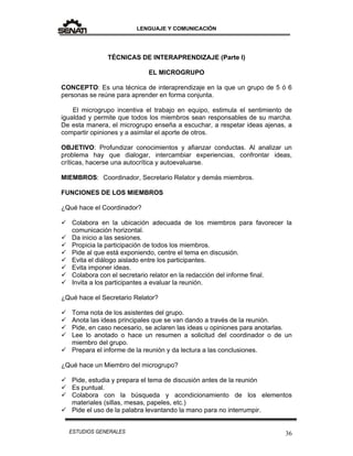 LENGUAJE Y COMUNICACIÓN
36ESTUDIOS GENERALES
TÉCNICAS DE INTERAPRENDIZAJE (Parte I)
EL MICROGRUPO
CONCEPTO: Es una técnica de interaprendizaje en la que un grupo de 5 ó 6
personas se reúne para aprender en forma conjunta.
El microgrupo incentiva el trabajo en equipo, estimula el sentimiento de
igualdad y permite que todos los miembros sean responsables de su marcha.
De esta manera, el microgrupo enseña a escuchar, a respetar ideas ajenas, a
compartir opiniones y a asimilar el aporte de otros.
OBJETIVO: Profundizar conocimientos y afianzar conductas. Al analizar un
problema hay que dialogar, intercambiar experiencias, confrontar ideas,
críticas, hacerse una autocrítica y autoevaluarse.
MIEMBROS: Coordinador, Secretario Relator y demás miembros.
FUNCIONES DE LOS MIEMBROS
¿Qué hace el Coordinador?
 Colabora en la ubicación adecuada de los miembros para favorecer la
comunicación horizontal.
 Da inicio a las sesiones.
 Propicia la participación de todos los miembros.
 Pide al que está exponiendo, centre el tema en discusión.
 Evita el diálogo aislado entre los participantes.
 Evita imponer ideas.
 Colabora con el secretario relator en la redacción del informe final.
 Invita a los participantes a evaluar la reunión.
¿Qué hace el Secretario Relator?
 Toma nota de los asistentes del grupo.
 Anota las ideas principales que se van dando a través de la reunión.
 Pide, en caso necesario, se aclaren las ideas u opiniones para anotarlas.
 Lee lo anotado o hace un resumen a solicitud del coordinador o de un
miembro del grupo.
 Prepara el informe de la reunión y da lectura a las conclusiones.
¿Qué hace un Miembro del microgrupo?
 Pide, estudia y prepara el tema de discusión antes de la reunión
 Es puntual.
 Colabora con la búsqueda y acondicionamiento de los elementos
materiales (sillas, mesas, papeles, etc.)
 Pide el uso de la palabra levantando la mano para no interrumpir.
 