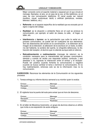 LENGUAJE Y COMUNICACIÓN
61ESTUDIOS GENERALES
Mejor conocido como el soporte material o espacial por el que circula el
mensaje. Ejemplos: el aire, en el caso de la voz; el hilo telefónico, en el
caso de una conversación telefónica. El canal puede ser natural
(auditivo, visual, audiovisual, táctil) o artificial (periódicos, revistas,
televisor, teléfono, etc.)
 Referente: es el aspecto específico de la realidad que es evocado por el
signo o signos del código.
 Realidad: es la situación o ambiente físico en el cual se produce la
comunicación, por ejemplo: el salón de clases, la calle, el hogar, el
taller, etc.
 Interferencia o barrera: es la perturbación que sufre la señal en el
proceso comunicativo, se puede dar en cualquiera de sus elementos.
Son las distorsiones del sonido en la conversación, o la distorsión de la
imagen de la televisión, la alteración de la escritura en un texto, la disfo-
nía del hablante, la sordera del oyente, la ortografía defectuosa, la dis-
tracción del receptor, el alumno que no atiende aunque esté en silencio.
 Retroalimentación o realimentación (mensaje de retorno): es la
condición necesaria para la interactividad del proceso comunicativo,
siempre y cuando se reciba una respuesta (actitud, conducta...) sea
deseada o no, logrando la interacción entre el emisor y el receptor.
Puede ser positiva (cuando fomenta la comunicación) o negativa
(cuando se busca cambiar el tema o terminar la comunicación). Si no
hay realimentación, entonces solo se da la información mas no la
comunicación.
EJERCICIOS: Reconoce los elementos de la Comunicación en los siguientes
procesos
1. Teresa entrega su informe técnico semanal a su monitor quien lo evalúa
Emisor_______________________Mensaje _______________________
Receptor_____________________ Canal__________________________
Código______________________ Realidad________________________
2. El vigilante toca la puerta del aula para avisar que es hora de descanso.
Emisor_______________________Mensaje _______________________
Receptor_____________________ Canal__________________________
Código______________________ Realidad________________________
3. En el taller de Mecánica Automotriz, un grupo de alumnos observa un afiche
que invita a una exposición de autos antiguos.
Emisor_______________________Mensaje _______________________
Receptor_____________________ Canal__________________________
Código______________________ Realidad________________________
 