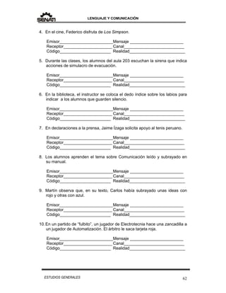 LENGUAJE Y COMUNICACIÓN
62ESTUDIOS GENERALES
4. En el cine, Federico disfruta de Los Simpson.
Emisor_______________________Mensaje _______________________
Receptor_____________________ Canal__________________________
Código______________________ Realidad________________________
5. Durante las clases, los alumnos del aula 203 escuchan la sirena que indica
acciones de simulacro de evacuación.
Emisor_______________________Mensaje _______________________
Receptor_____________________ Canal__________________________
Código______________________ Realidad________________________
6. En la biblioteca, el instructor se coloca el dedo índice sobre los labios para
indicar a los alumnos que guarden silencio.
Emisor_______________________Mensaje _______________________
Receptor_____________________ Canal__________________________
Código______________________ Realidad________________________
7. En declaraciones a la prensa, Jaime Ízaga solicita apoyo al tenis peruano.
Emisor_______________________Mensaje _______________________
Receptor_____________________ Canal__________________________
Código______________________ Realidad________________________
8. Los alumnos aprenden el tema sobre Comunicación leído y subrayado en
su manual.
Emisor_______________________Mensaje _______________________
Receptor_____________________ Canal__________________________
Código______________________ Realidad________________________
9. Martín observa que, en su texto, Carlos había subrayado unas ideas con
rojo y otras con azul.
Emisor_______________________Mensaje _______________________
Receptor_____________________ Canal__________________________
Código______________________ Realidad________________________
10.En un partido de “fulbito”, un jugador de Electrotecnia hace una zancadilla a
un jugador de Automatización. El árbitro le saca tarjeta roja.
Emisor_______________________Mensaje _______________________
Receptor_____________________ Canal__________________________
Código______________________ Realidad________________________
 